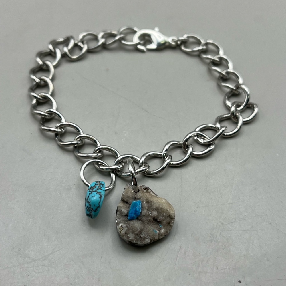 Unique Silver Tone Chain Bracelet with Authentic Cavansite  and Turquoise nugget